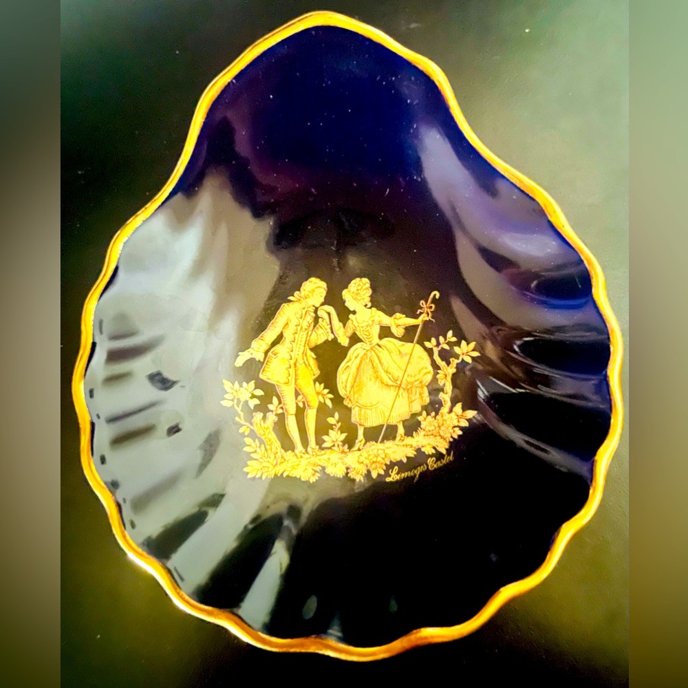 Vintage Limoges Castel France Cobalt Blue 22K Gold Courting Trinket Dish